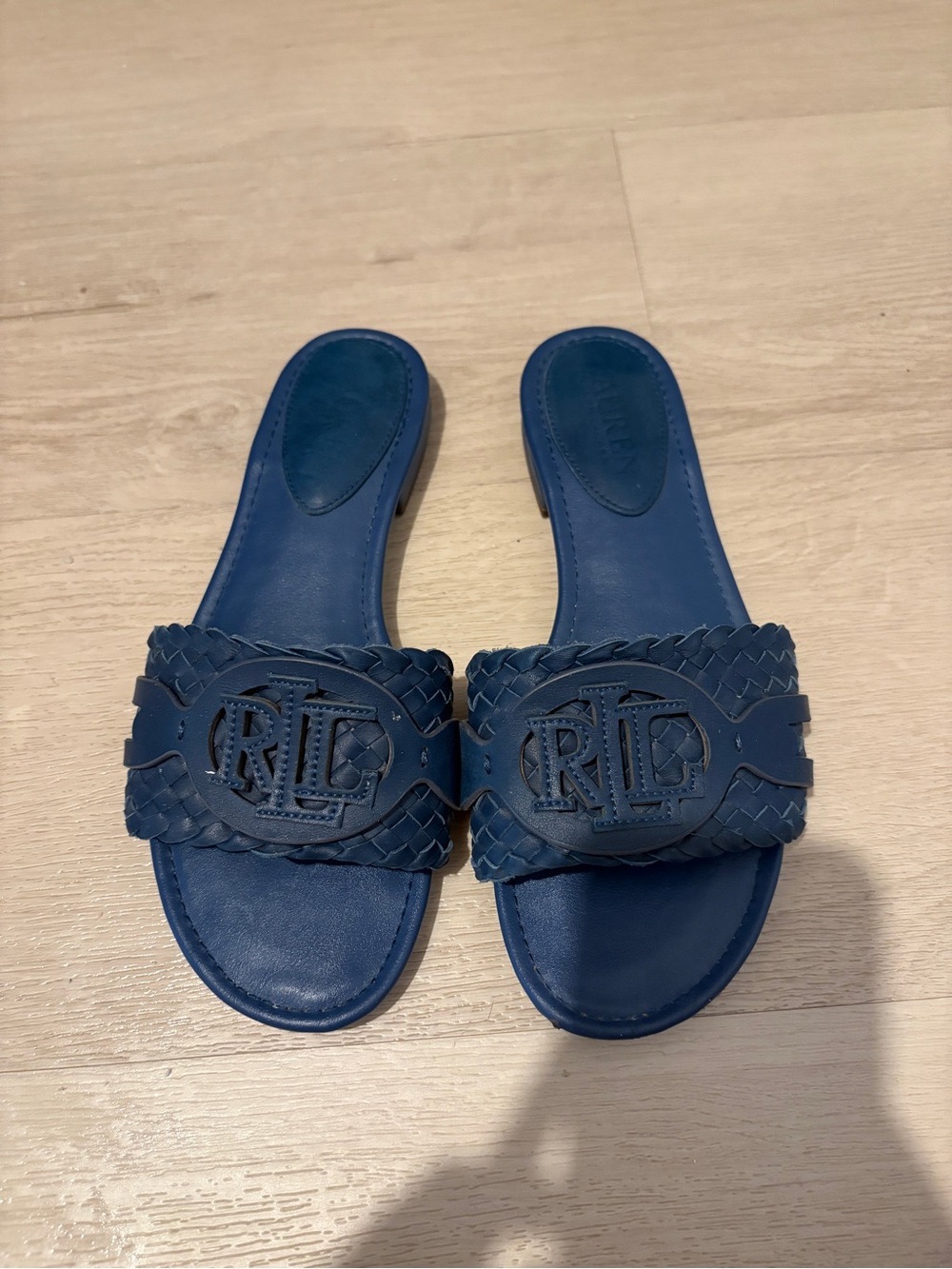 Ralph Lauren Blue Braided RL Logo Leather Slide Sandals